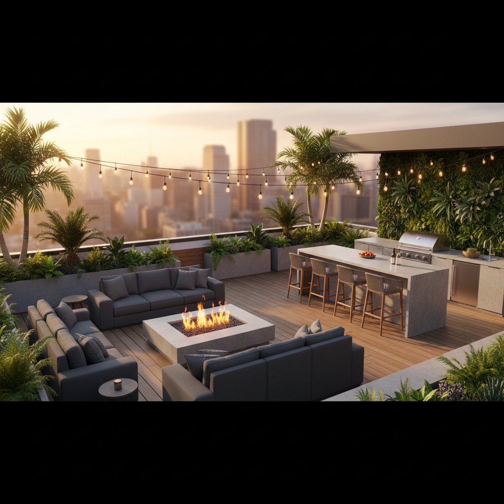 Rooftop terrace transformed into functional entertaining space with comfortable seating and ambient lighting